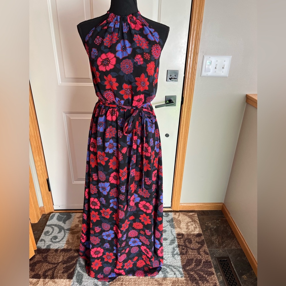 Women’s ModCloth Illuminated Elegance floral black red halter maxi dress. Medium